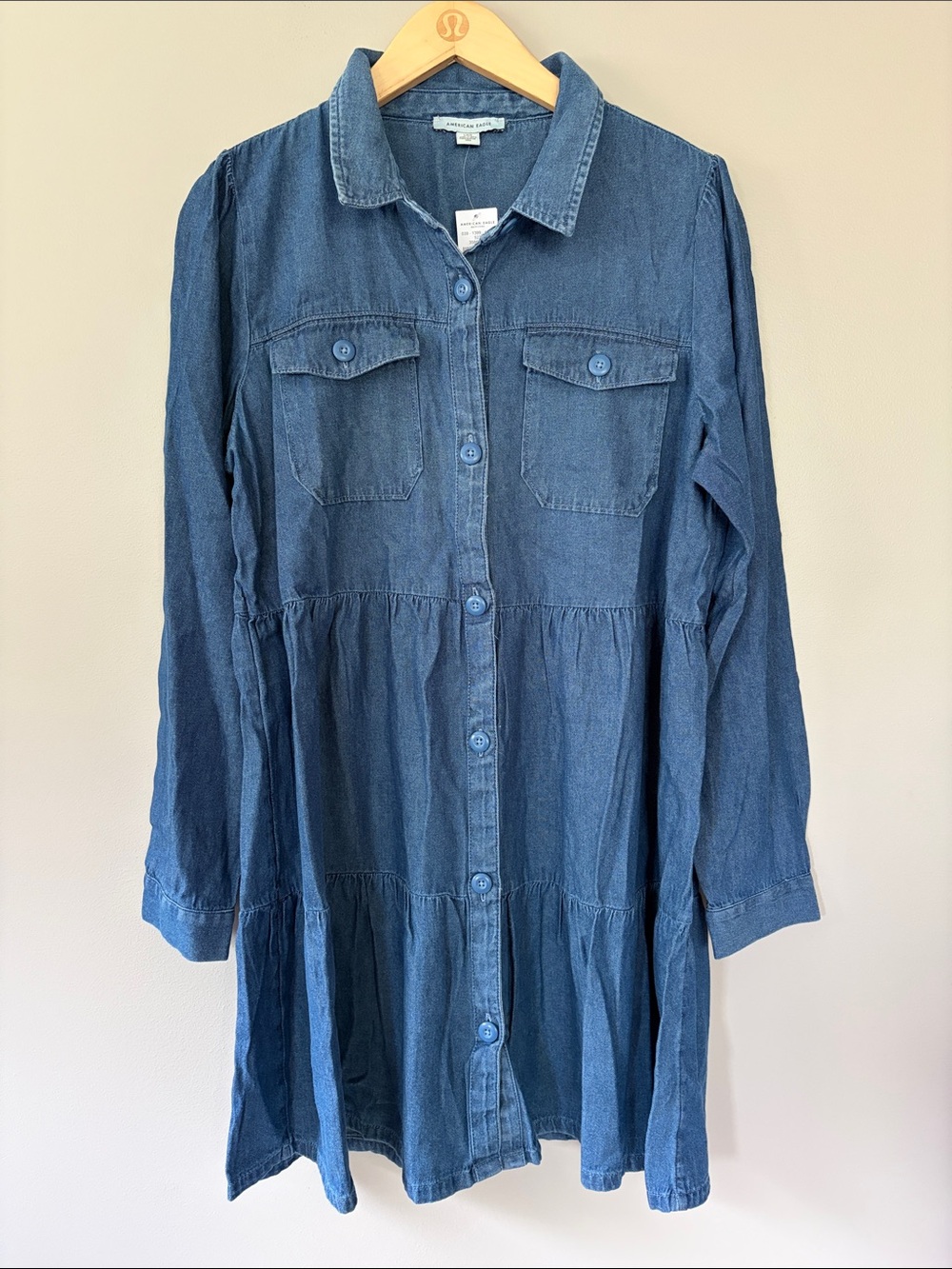 American Eagle Tiered Denim Babydoll Shirt Dress Jean Blue Large NWT